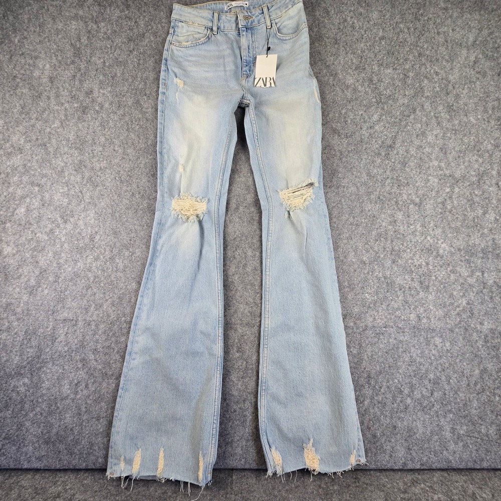 Zara Flare Jeans Women 4 Light Wash Slim High Rise Ripped Distressed